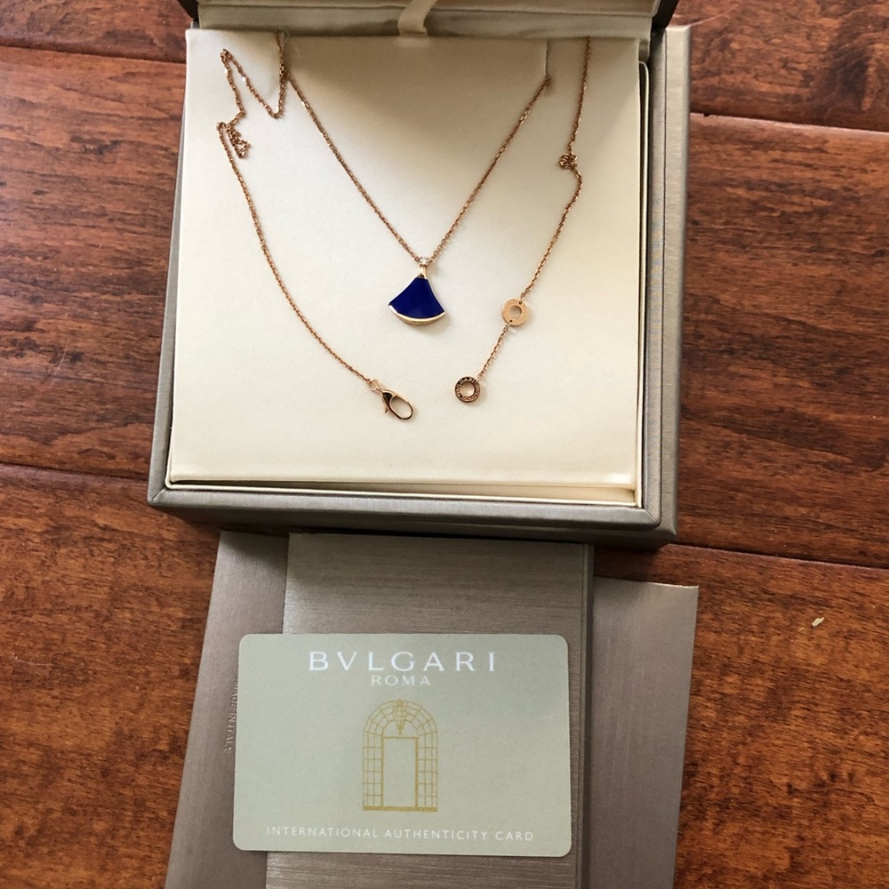 Bulgari Rose Gold Necklace with Deep Blue Fan Pendant